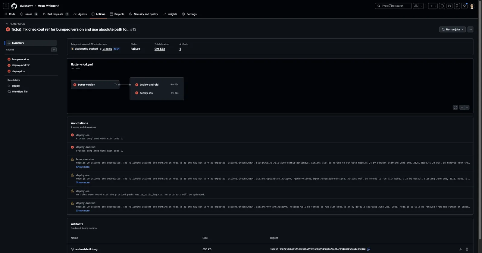 Flutter CI/CD — bump-version 뒤에 deploy-android·deploy-ios 가 병렬로 돈다
